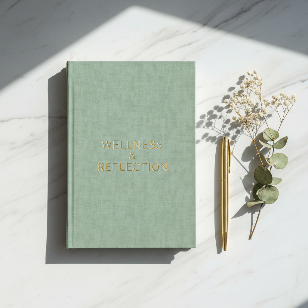 Wellness journal with sage green linen cover and gold pen on marble surface